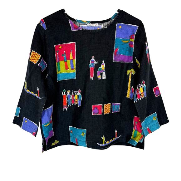 VTG Hot Cotton black tribal linen two piece set skirt blouse african artsy mediu - Picture 3 of 12